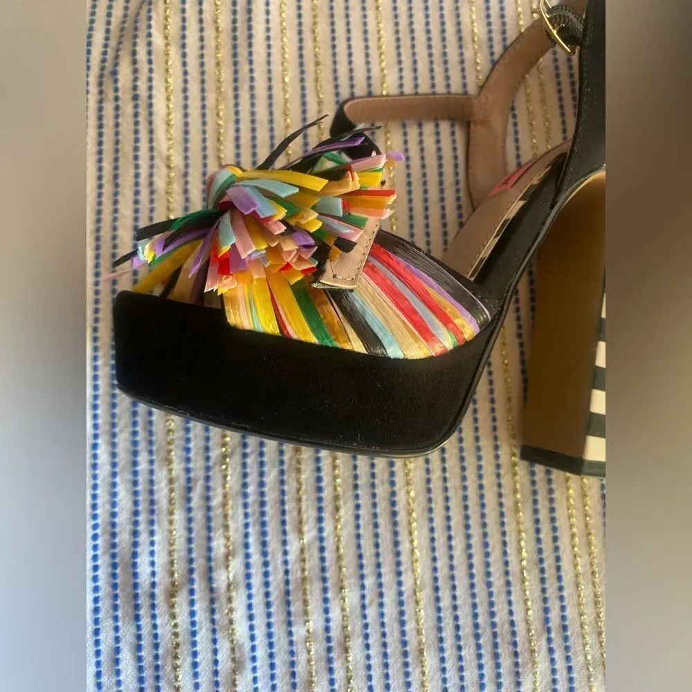 BETSEY JOHNSON 1970s Style Striped Pom Pom Platform Heels size 5.5